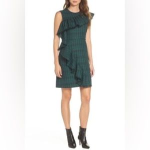 Chelsea28 green black plaid asymmetrical shoulder dress